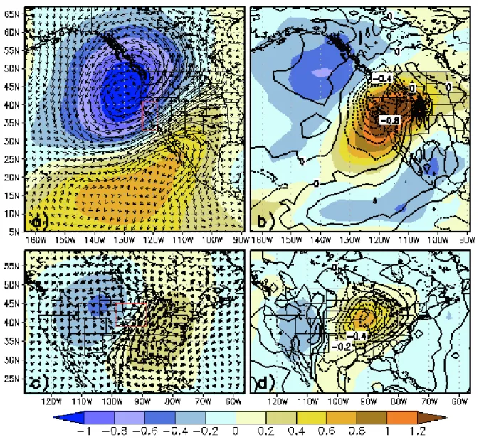 Figure 1. composite fields as normalized anomalies for the Southern Pacific coast (california, PccA) in DJF: a) 500hPa geopotential  height (shaded, h 500 ) and the vertical integrated water vapor flux vector up to 500hPa (arrow) based on 165 heavy precipi