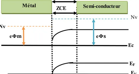 Figure  I.6: Diagramme  énergétique  d’un contact  métal -semi-conducteur  à l’équilibre  thermodynamique  lorsque  :   