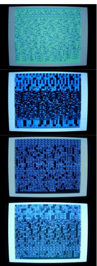 Figure 1: Traumaphore (2017), a 64-byte C64 program I wrote in  6502 assembly. Among other  things it generates text using a  bigram per-character Markov  chain using BASIC error  messages from ROM.