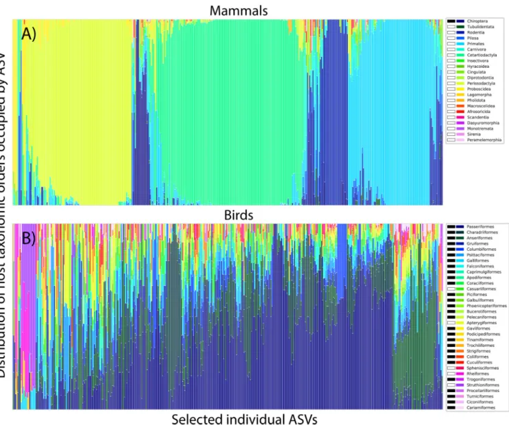 FIG 3 Taxonomic distributions of 400 randomly selected ASVs in mammals (A) and birds (B)