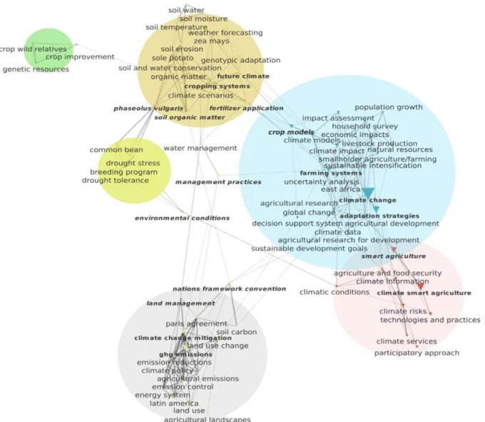 Figure 3. Network analysis of the 75 most recurrent terms in CCAFS publications in  Scopus database