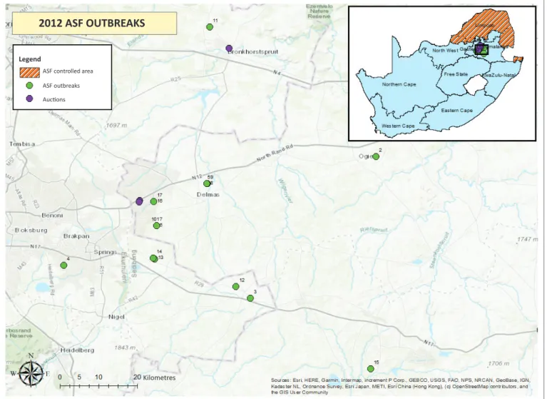 FIGURE 1: Map of locations involved during the 2012 African swine fever epidemic.