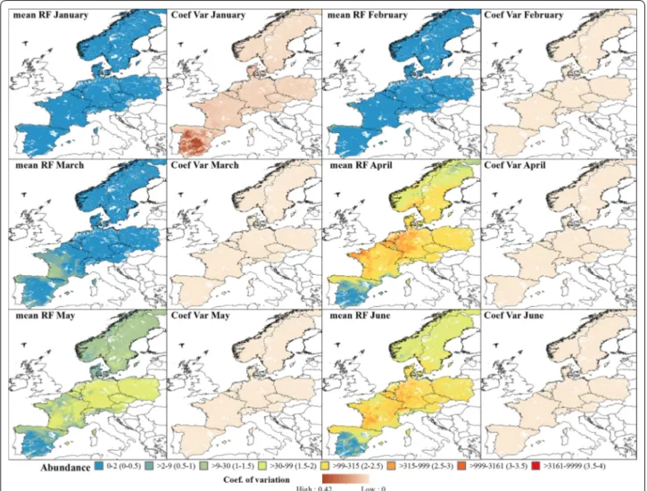 Fig. 4  Predicted abundance maps from January to June for the Obsoletus ensemble. The mean predictions were calculated per pixel using  the seven prediction maps made for each year