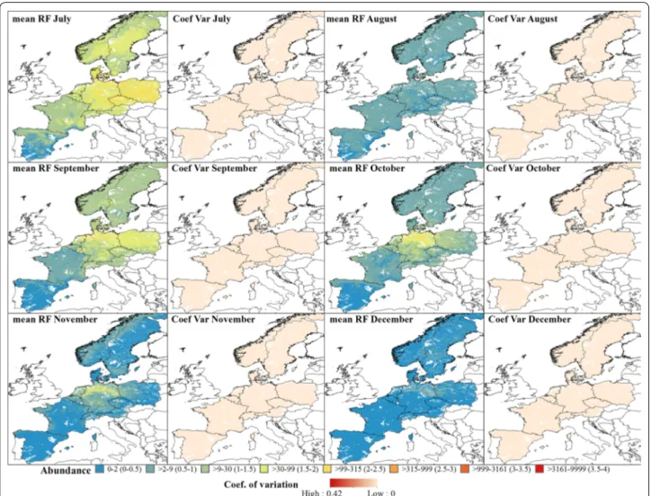 Fig. 7  Predicted abundance maps from July to December for the Pulicaris ensemble. The mean predictions were calculated per pixel 1  km 2  using  the seven prediction maps made for each year