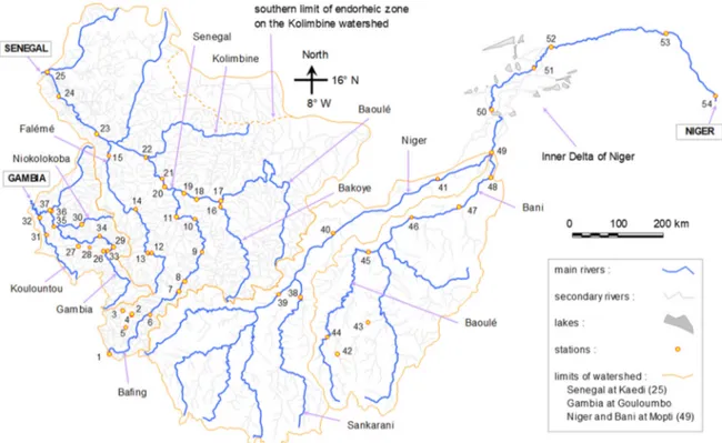 Figure 1. Hydrographic networks of the Senegal River upstream  of  Kaédi,  Gambia  upstream  of  Gouloumbo and Niger upstream of Ansongo, based on the maps of [40] for Senegal, [41] for Niger  and [42] for Gambia