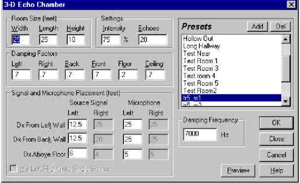 Figure 3-2:  Screen shot of the 3-D Echo Chamber menu in Cool Edit Pro 1.2