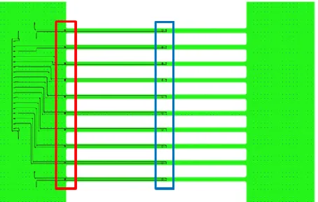 Figure SI-3: 2-D layout (blue) of the photonic device on top of the base SU-8 pattern (green)