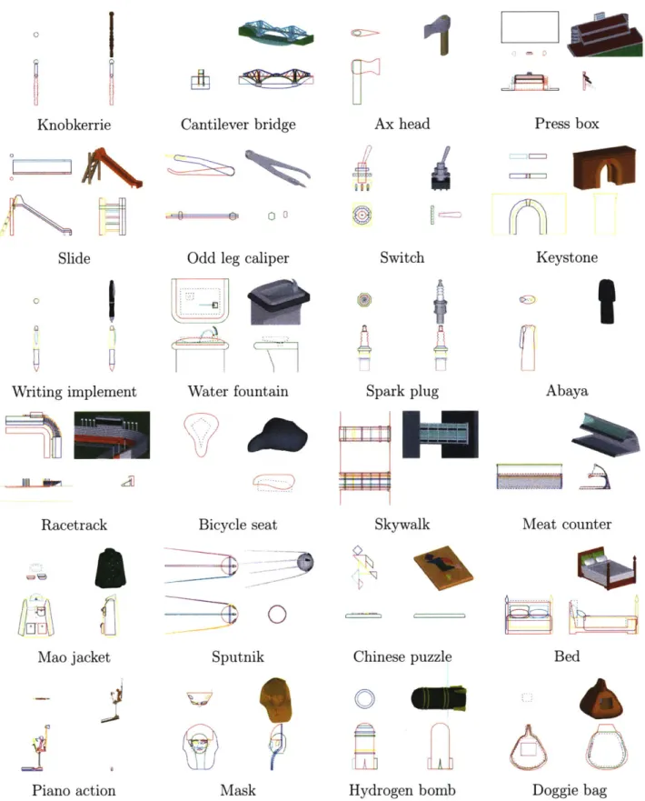 Table  5.1:  Evaluation:  A  random  sampling  of  man-made  objects  modeled  using our  approach,  shown  with  the  silhouettes  that  generate  them