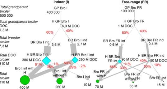 Fig. 2. French broiler production network. The type of nodes represents the different types of production (indoor (I) or free-range (FR); integrated (int) or inde- inde-pendent (ind)): grandparents (GP) and breeders (BR) (point), hatcheries (H) (diamond), 