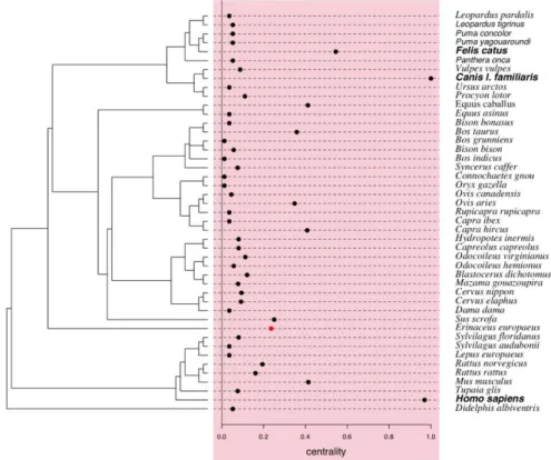 Figure  6.  Centrality  values  of  arthropod  carriers  of  rickettsial  species  extracted  from  unipartite  network (Figure 4A), with phylogenetic tree of arthropods obtained using ‘rotl’ [30] retrieved from  the Tree of Life [31]