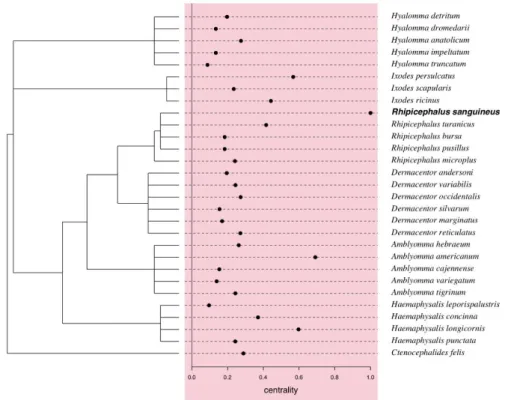 Figure  6.  Centrality  values  of  arthropod  carriers  of  rickettsial  species  extracted  from  unipartite  network (Figure 4A), with phylogenetic tree of arthropods obtained using ‘rotl’ [30] retrieved from  the Tree of Life [31]