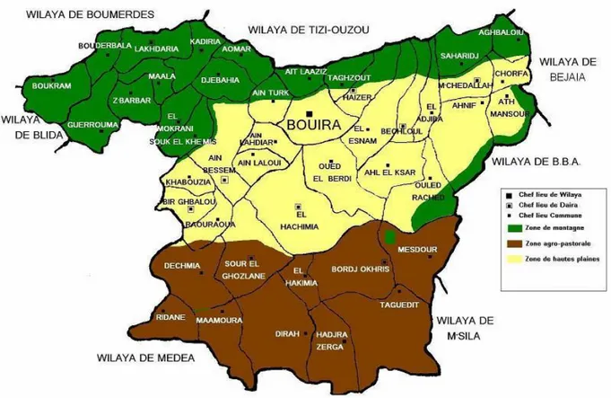 Figure II. 1 : Carte géographique de la wilaya de Bouira  II.2.1. Reliefs : 