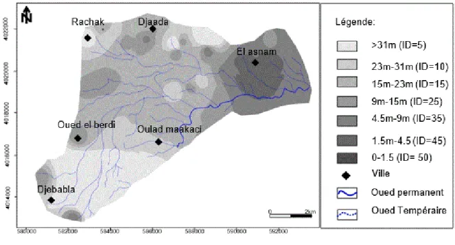 Figure II. 13 : Carte qui montre la profondeur de l’eau la nappe du plateau d’El  Asnam.[21] 