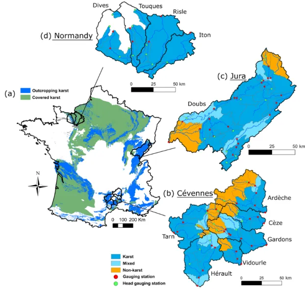 Figure 4. (a) Location of the studied areas with karst regions in France (from BDLISA database)