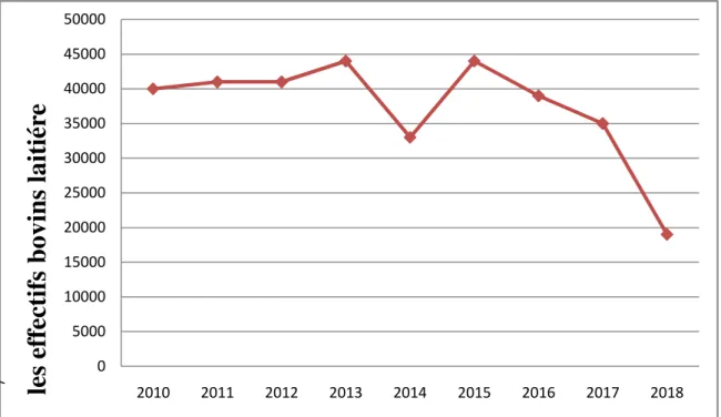 Figure 9: Evolution du cheptel bovin de la wilaya de Bouira  durant la période 2010 à 2018                (DSA Bouira)