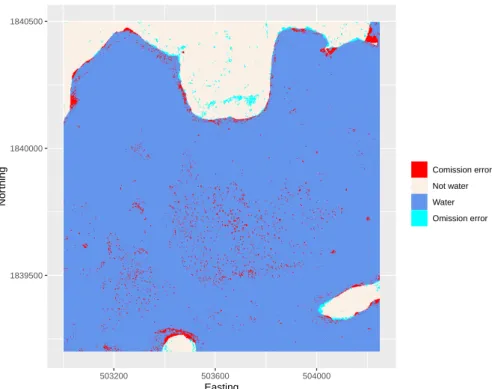 Figure 3. Comparison of water delineation based on field stage observation and DTM vs