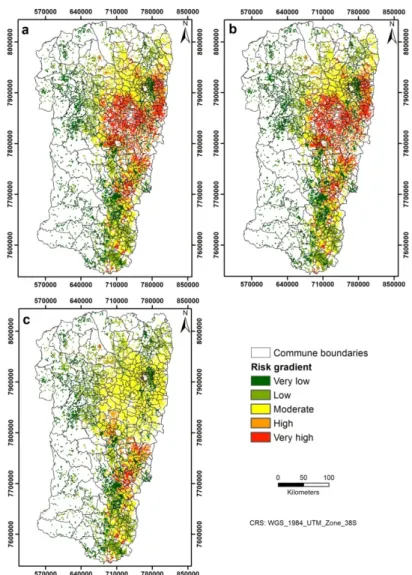 Figure 3. Suitability maps for Malaria. (a) 2014; (b) 2015; and (c) 2016. 