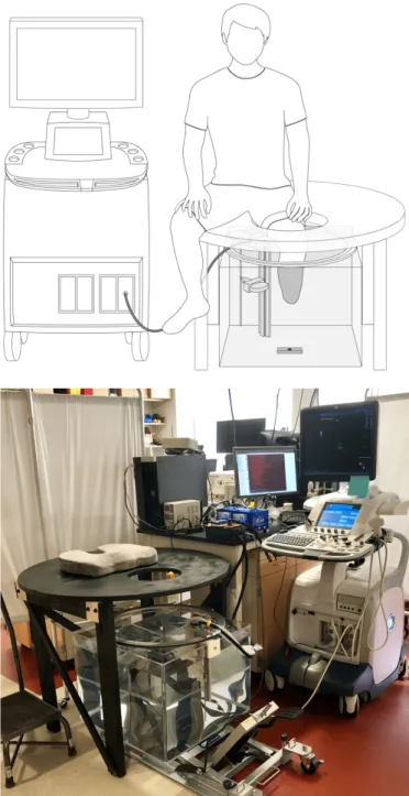 Fig. 1. (Top) Schematic of the prototype ultrasound system showing limb placement during a scan