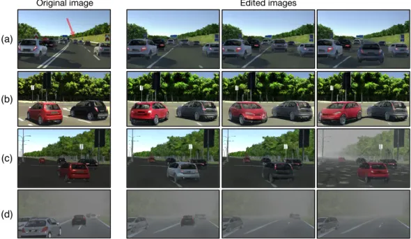 Figure 5: Example user editing results on Virtual KITTI. (a) We move a car closer to the camera, keeping the same texture