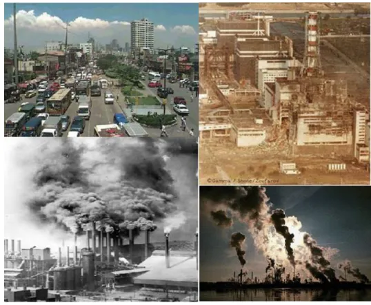 Figure I.2.Les principales sources anthropiques telles que gaz d’échappement, fumées  industrielles et la pollution nucléaire 