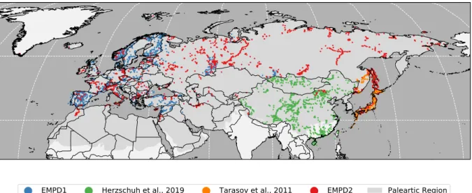 Figure 2: Map of samples included in the EMPD version 1 and 2, and two other datasets (see text)  