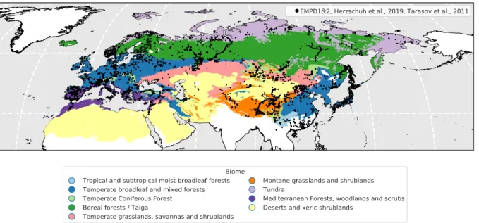 Figure 4a: Biome map and sample locations, 4b: Biomes and samples in climate space. Biome data from Olson et al