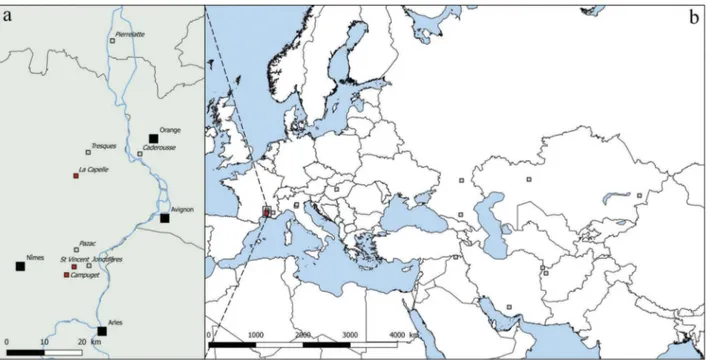 Figure 3. Geological map of the Costières area. Numbers: (1) Jonquières, (2) Pazac, (3) Campuget, (4) St Vincent, (5) Clausonne (not a population of L