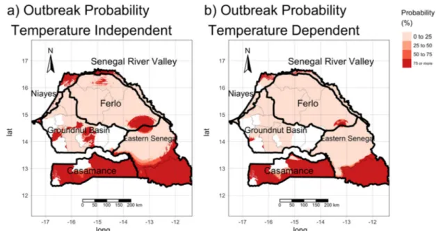 Figure 7. Probability of outbreaks due to the introduction of infected animals. (a) using R 0 temperature-independent values, (b) using R 0  temperature-dependent values