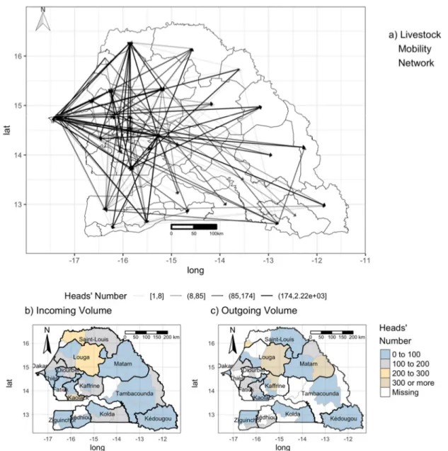 Figure 2. Mobility data. On top (a) representation of livestock mobility network, each line corresponds  to movements existing between the department, and the color is relative to the number of animals  exchanged