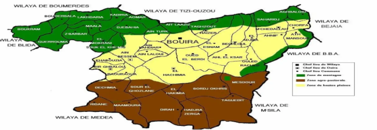 Figure II.1 : Situation géographique et administrative de la wilaya de Bouira (ANIRF  2013) 