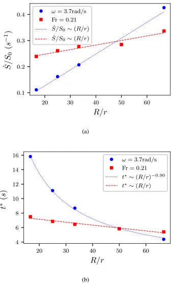FIG. 19. Normalized specific surface S/S 0 for drums of di ff erent sizes R/r for a constant value of ω (a) and for a constant value of the Froude number (b)