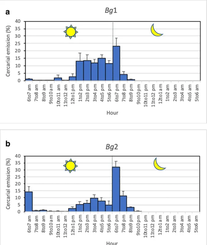 Figure 3 Cercarial emission  patterns from infected snails, each exposed to 1 miracidium  of  Schistosoma from Mastomys natalensis