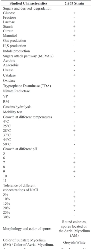 Table 1. Biochemical and physiological characteristics of the  identification of the selected Actinomycete strain CA01.