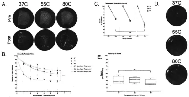 Figure S2:  Increoving  temperature  provides  minimal  clearing  benefits.  A)  Representative  images  of slices before  (top)  and after  (bottom)  clearing  at  three  different  temperatures