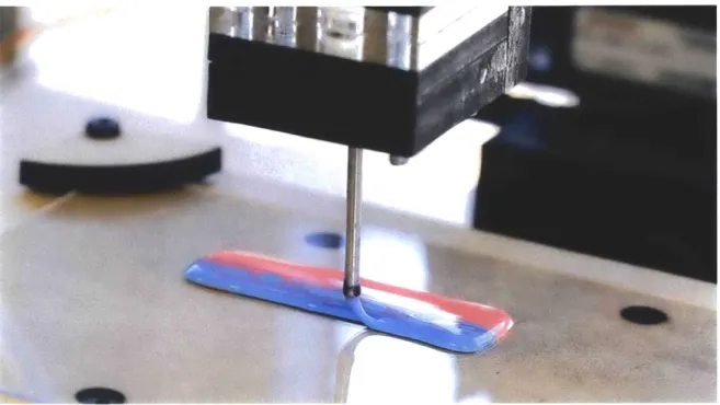 Figure 8.  Color gradients being created on the 3D printed platform by  mixing red and blue adhesives in different controlled ratios.