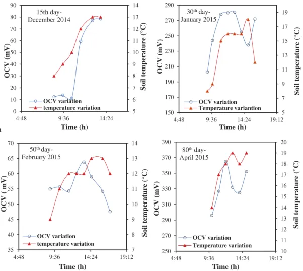 Figure 7. OCV of Chlorophytum-MFC comparing to soil temperature variations at different days (15th, 30th, 50th and 80th).