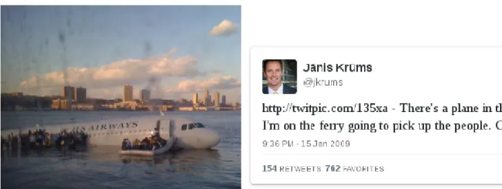 Figure 2.2 – Premier tweet mentionnant le crash dans l’Hudson River