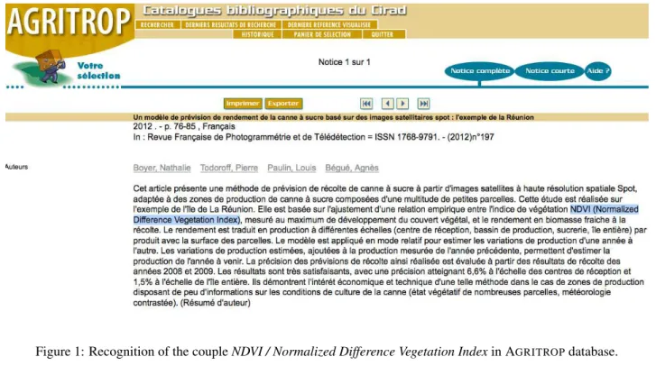 Figure 1: Recognition of the couple NDVI / Normalized Difference Vegetation Index in A GRITROP database.