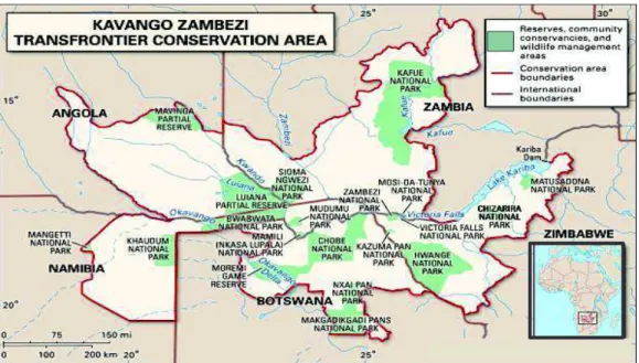 Figure  1.4.  Map  showing  the  five  southern  African  countries  covered  by  the  Kavango-Zambezi  TFCA: Botswana, Namibia, Angola, Zambia and Zimbabwe (www.britannica.com)