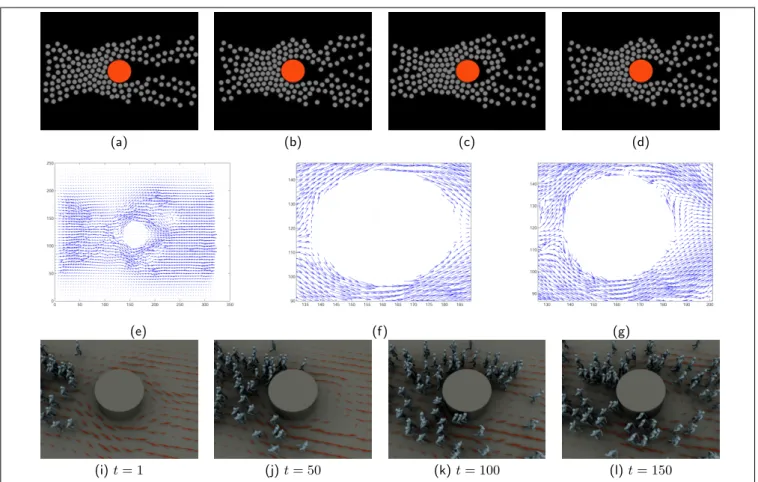 Figure 6: Experimental results on synthetic data: (a,b,c,d): Sequence #1: simulation of a crowd flow with a cylindric obstacle; (e) the estimated motion field;(f) motion near the cylinder estimated with a special care of this no-data area and (g) same as (
