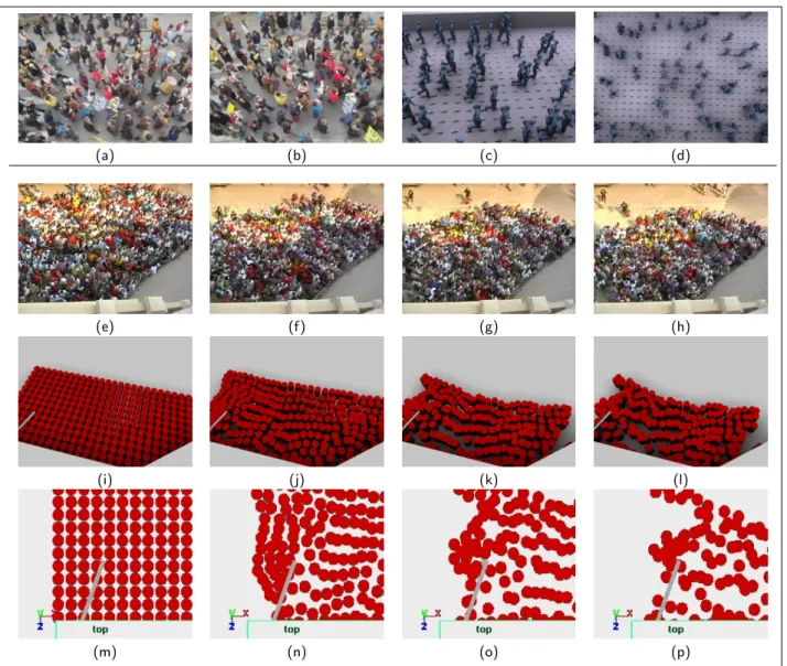 Figure 7: Experimental results on real data: (a,b): Sequence #2: strike video taken from above; (c,d) images of the resulting animation; (e,f,g,h) Sequence #3: video of a crowded entrance; (i,j,k,l) images of the resulting animation;