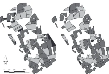 Fig. 5. Comparison of manual (left) and automatic (right) segmentation. In black: non detected plots (left) and false detection (right); in dark grey: good delineation; in light grey: good detection but uncorrect delineation.