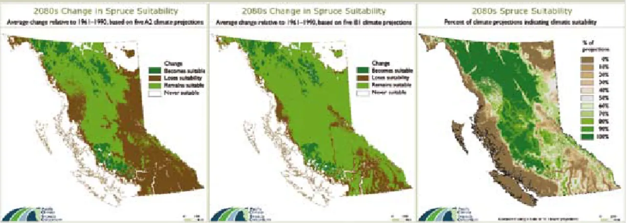Figure 2.3 Projected spruce suitability for 2080s in British Columbia: (left) Average for “growth” 