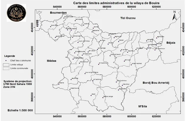 Figure n°5 : Limites administrative de la wilaya de Bouira (CFB, 2019). 