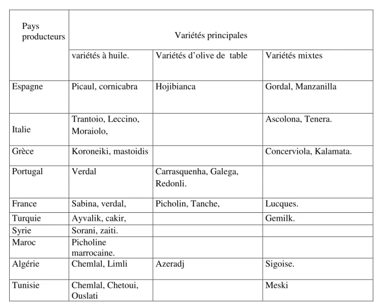 Tableau n° 02:  Principales  variétés  d’olivier  cultivées  dans  les  pays  méditerranéens  (C.O.I, 2006)