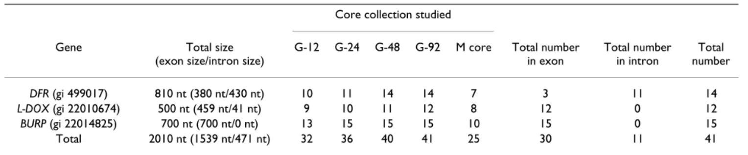 Table 5: Number of polymorphic bases (SNP or insertion deletions found in the DNA fragments)