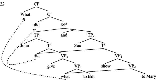 diagram in (22),  the structure conforms  to COSH, since  now for each  of the shared nodes,  a mother is created that dominates  all  its  other mothers  (C'  for did, CP for what)