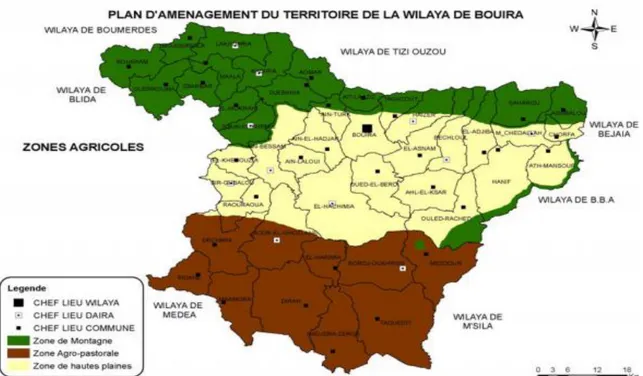 Figure n°1 : Carte géographique et administrative de la wilaya de Bouira (DSA de  Bouira, 2016)