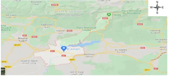 Figure n°4 : Carte géographique de la commune d’El-Asnam (Google Maps, 2020). 