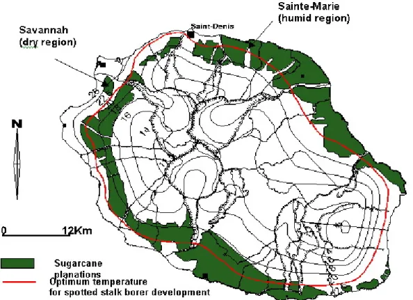 Figure 1. Location of the two sites in Reunion Island used for field releases of Trichogramma  chilonis in biological control experiments against Chilo sacchariphagus